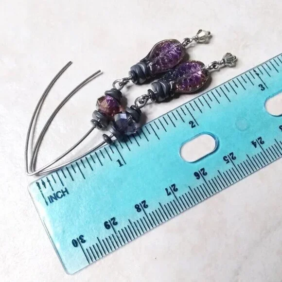Purple + Black Iridescent Glass Fish Danglers ~ Goth + Beachy! Sea Life Earrings - Picture 10 of 13